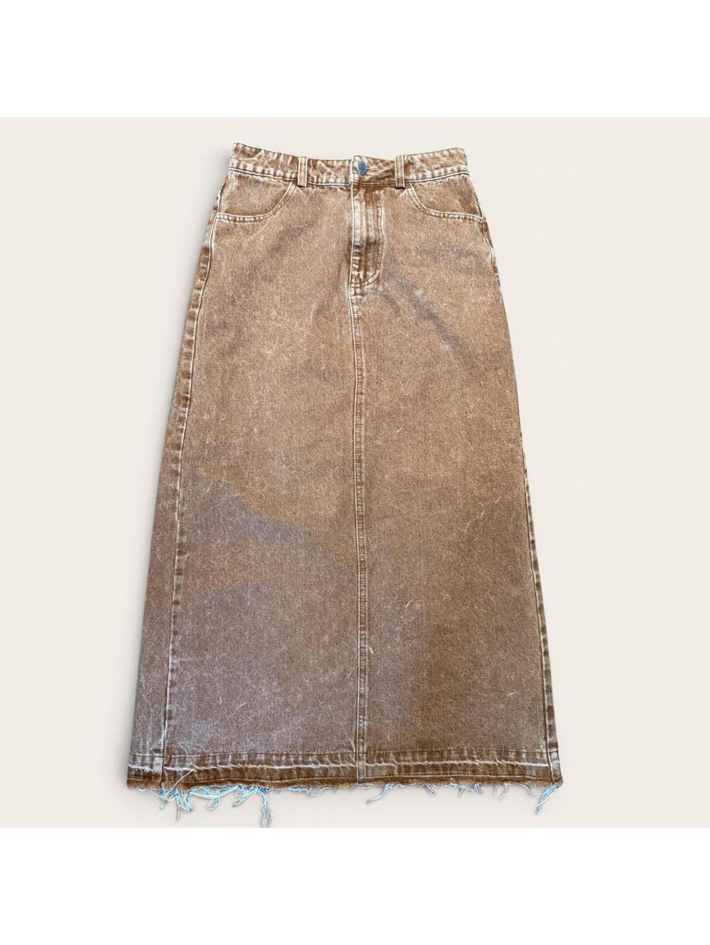 Pretty Garbage Brown Acid Wash Denim Midi Skirt with Frayed Hem